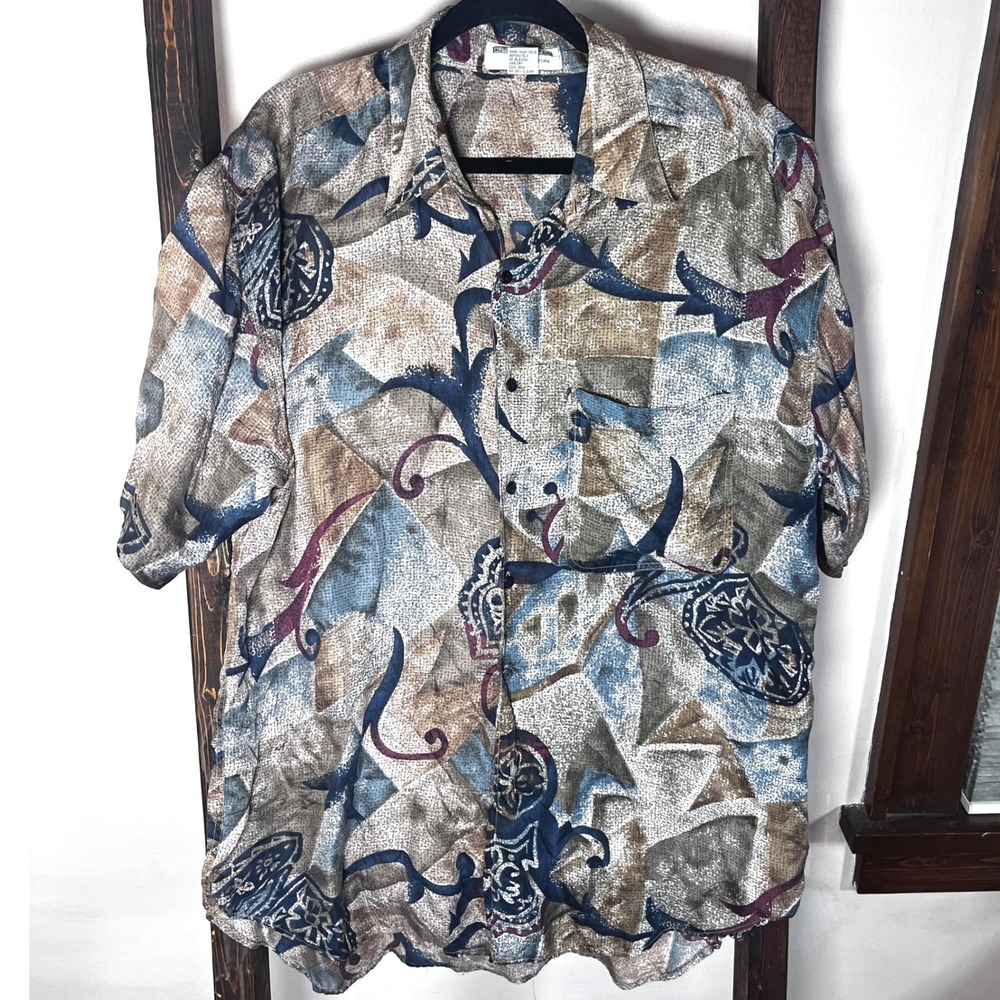 Vintage Mens Large 100% Silk Abstract Paisley Button Down Short SleeveShirt 90s